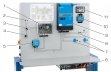 1 istič a prepäťová ochrana, 2 pripojenie fotovoltaického simulátora, 3 prepínač medzi fotovoltaickým simulátorom/fotovoltaickými modulmi, 4 pripojenie fotovoltaických modulov, 5 MPP regulátor nabíjania, 6 LiFePO akumulátor, 7 pripojenie striedavých spotrebičov, 8 obojsmerných elektromerov, 9 sieťových meničov , 10 komunikačná a riadiaca jednotka, 11 dotyková obrazovka