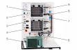 1 chladiaca komora s ohrievačom a ventilátormi, 2 termostat, 3 regulátor chladenia, 4 chladiaca komora s ohrievačom, ventilátormi a odmrazovacím ohrievačom, 5 kompresor a kondenzátor, 6 kombinovaný tlakový spínač, 7 solenoidový ventil, 8 regulátor odparovacieho tlaku, 9 expanzný ventil