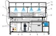 1 experimentálna nádrž, 2 komory, 3 zobrazovacie a ovládacie prvky, 4 prietokomery (napájanie), 5 čerpadiel, 6 zásobníkov, 7 meracích nádrží (odtok), 8 komôr, 9 jamiek, 10 trubicových manometrov, 11 trysiek zrážacieho zariadenia