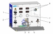 1 rotameter, 2 výstupný manometer, 3 ručné koleso brzda na vírivý prúd, 4 turbíny, 5 snímač teploty, 6 redukčný ventil s filtrom, 7 vstupný manometer, 8 displejov